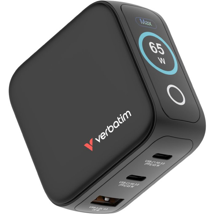 Verbatim Mini GaN Charger 65W con Pantalla (2xUSB-C, 1xUSB-A)